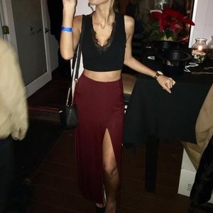 Only been worn once. Burgundy maxi split skirt
